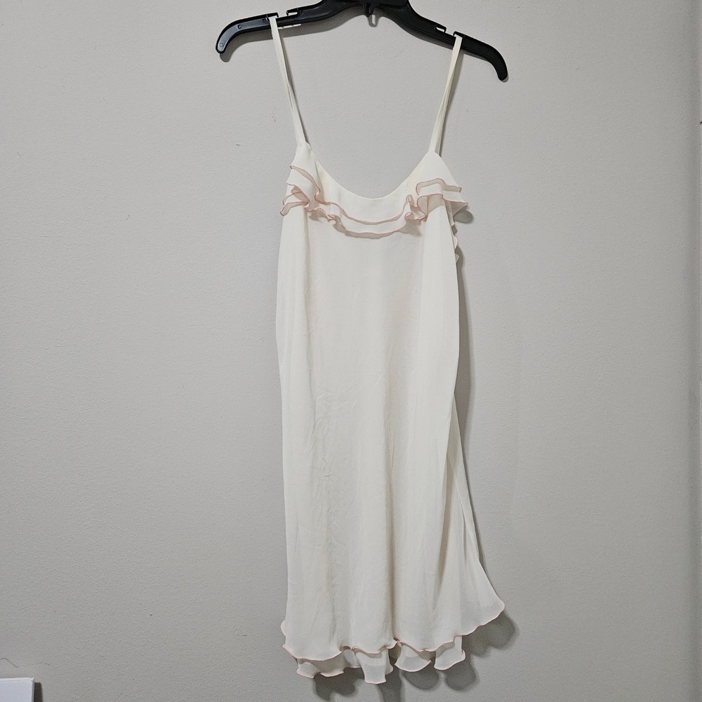 Mystique Intimates Cream Ruffle Chemise Nightgown Pink Lettuce Edge Trim‎ Medium